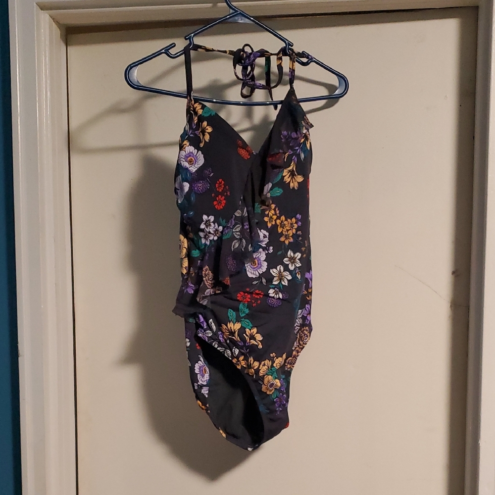 Time and Tru Floral One Piece Swimsuit - Dark Gray, Purple, Red, Yellow, and Red